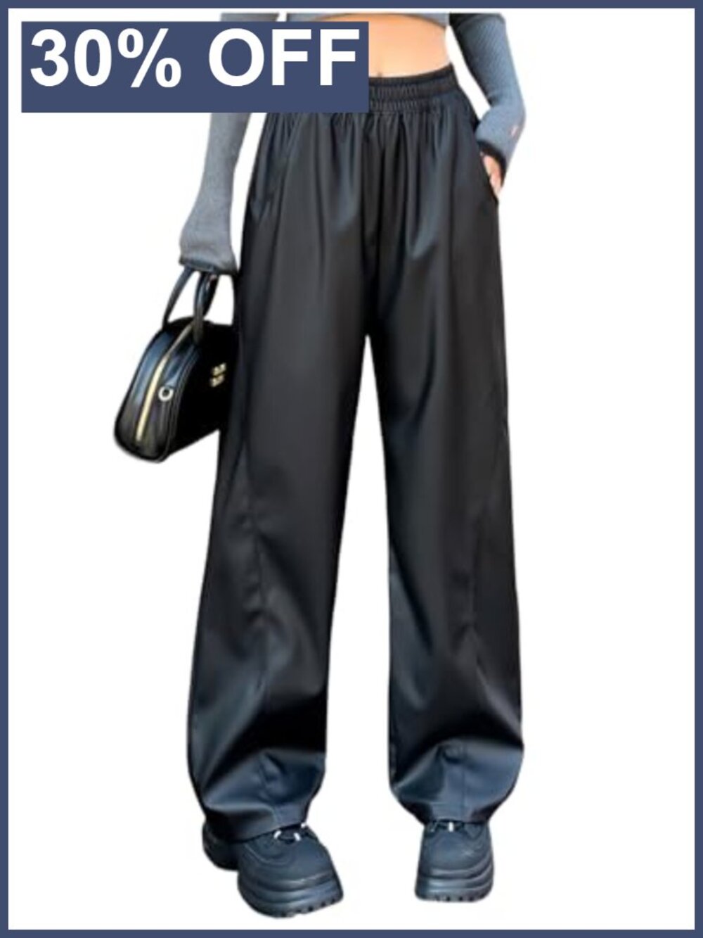 Faux PU Leather Wide-Leg Palazzo Pants High Waisted Pull On